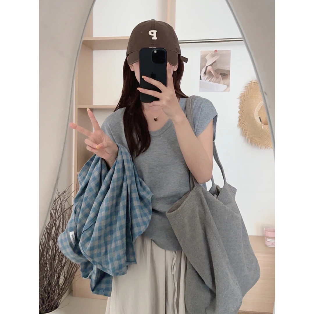 【现货】软糯薄款t恤女夏季短袖U领冰丝针织老钱风慵懒松弛感#1226