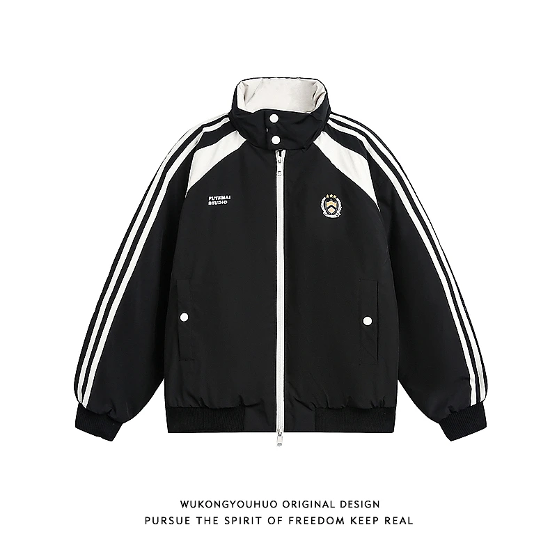 悟空有货潮牌美式条纹撞色拼接立领棉衣男复古学院风情侣百搭棉服