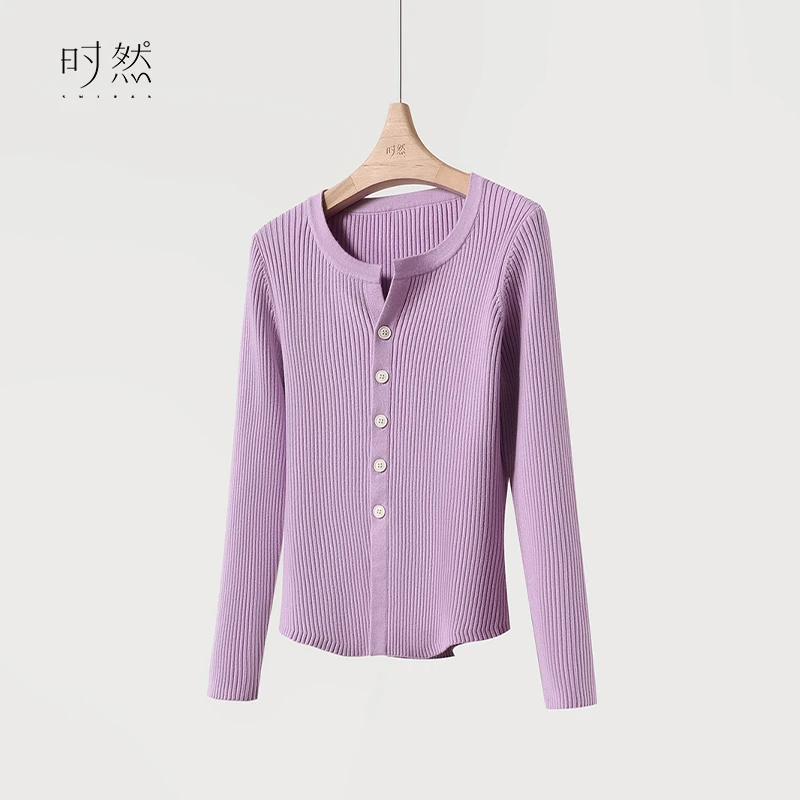 时然微胖新款韩系简约显瘦针织衫S4QZ9B004琥珀流光风早秋穿搭