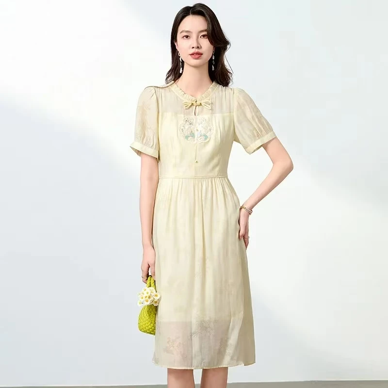 B5Q-2022新款纯色网红女连衣裙显瘦气质小个子复古新中式旗袍