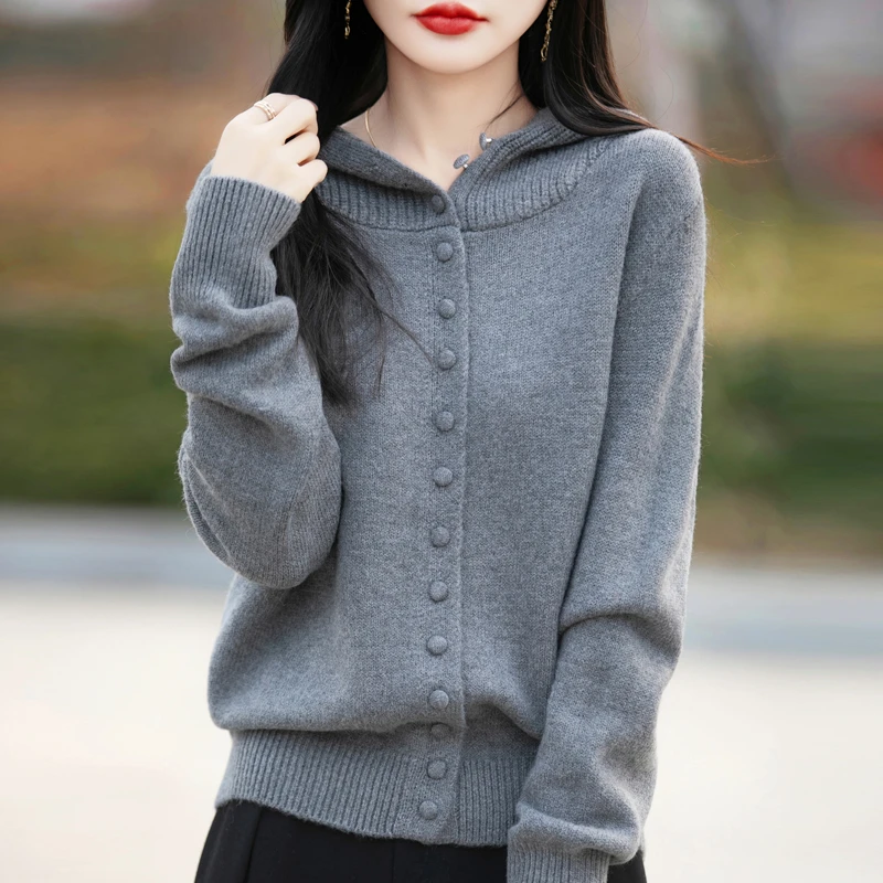 鄂尔多斯市羊毛衫女春秋连帽针织衫开衫外穿春装新品灰色外套女士