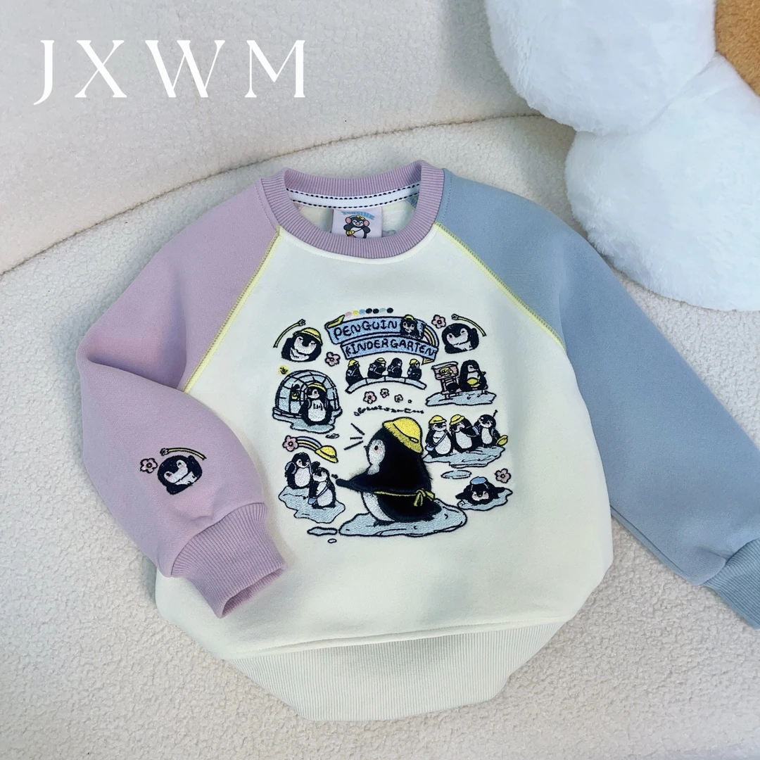 韩版秋冬加绒企鹅乐园拼色卫衣