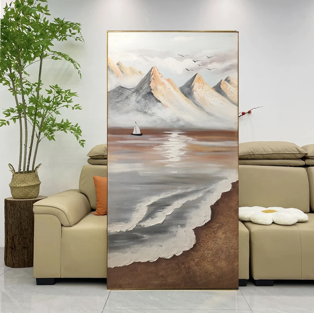 XG 41《大山与海浪》现代手工绘油画沙滩海浪玄关背景墙装饰挂画