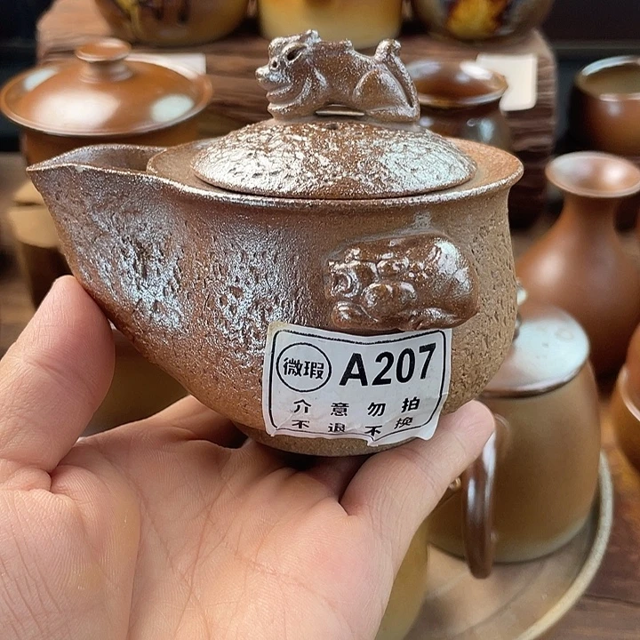 建水紫陶白泥柴烧手抓壶