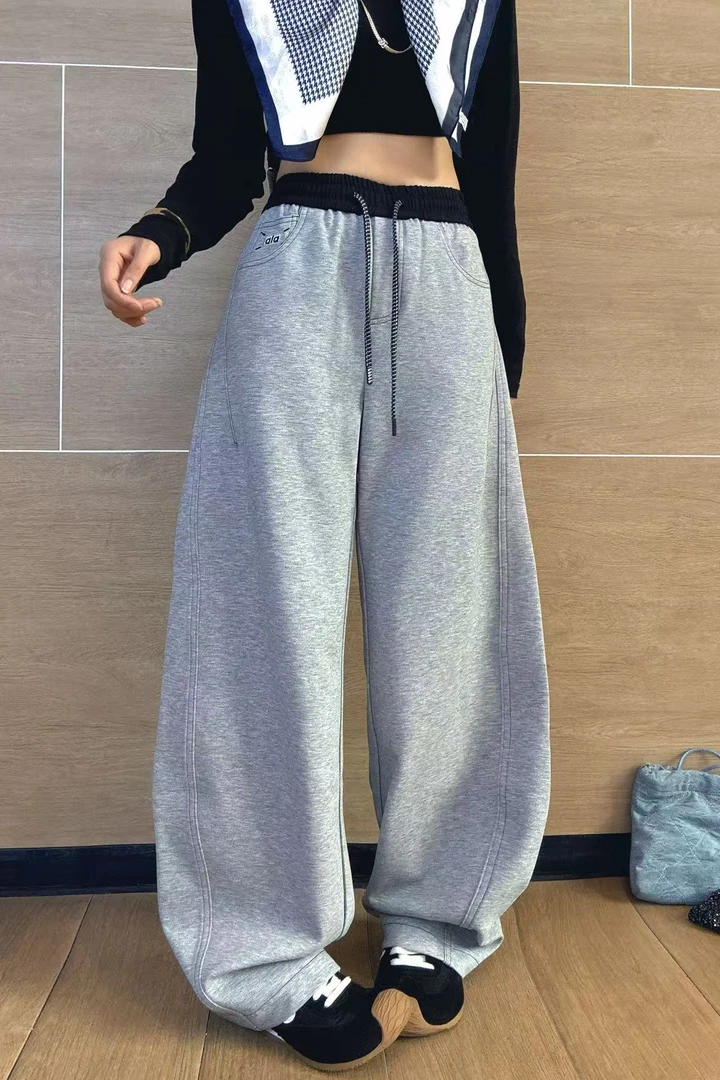 63521高级感拼色抽绳宽松显瘦弯刀女运动阔腿裤