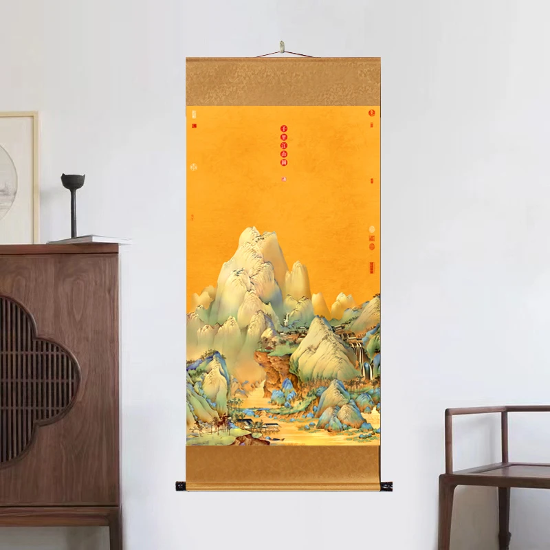 《千里江山》大气背景墙竖幅挂画国风艺术山水靠山图装饰艺术玄关M7