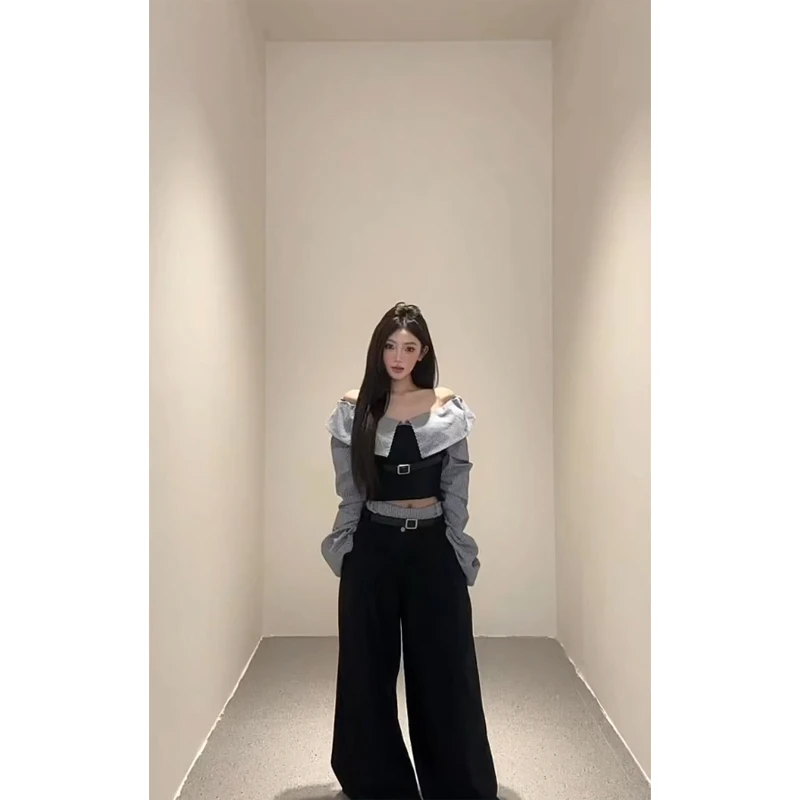 早春新款高级设计感时尚拼接撞色一字领衬衫上衣高腰垂感休闲长裤