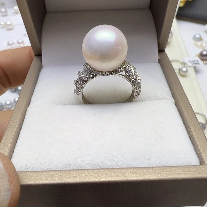戒指银S925镶嵌海水珍珠珍珠戒指12-13mm