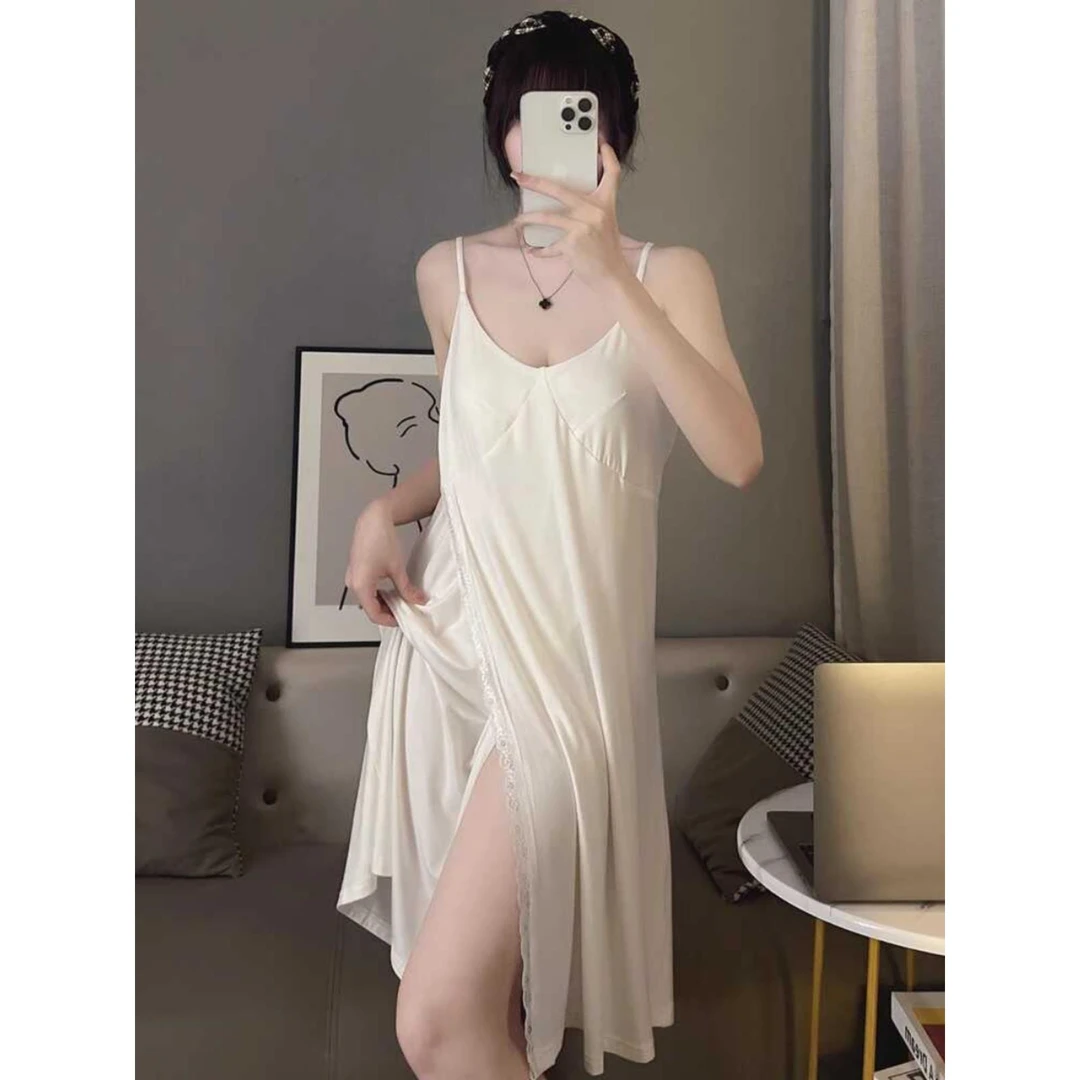 性感睡衣女吊带睡裙中长款薄款莫代尔露背纯欲风大码家居服带胸垫