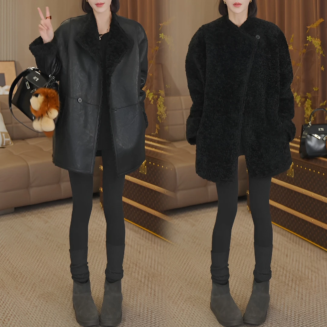2025新款翻领两面穿廓形显瘦皮毛一体外套洋气复古外套