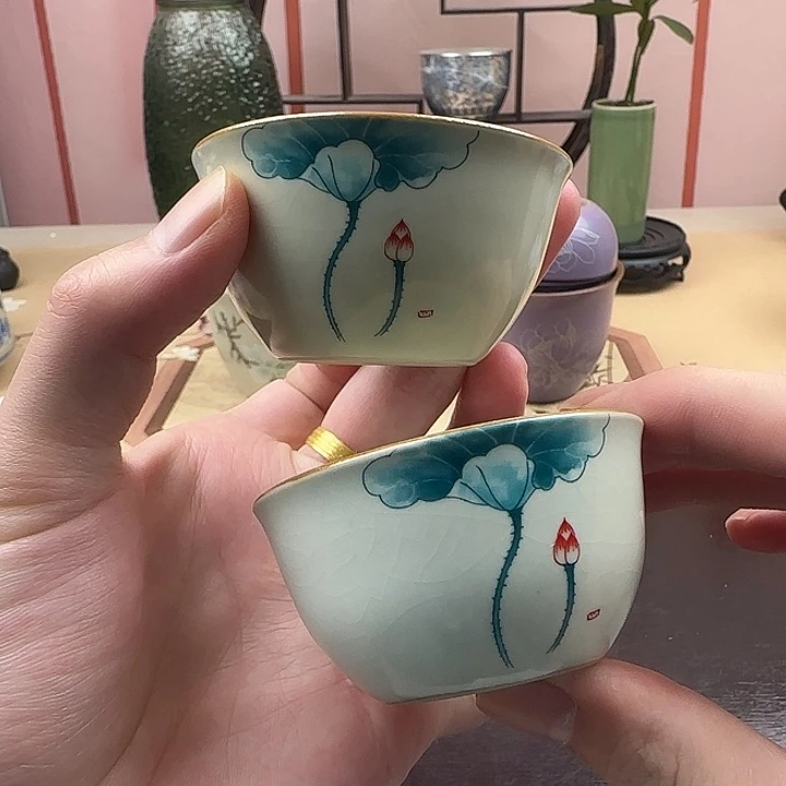 汝窑开片荷花品茗杯两只装