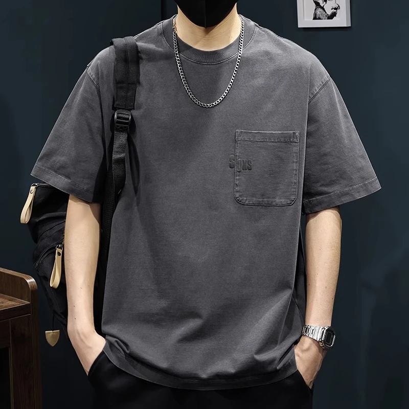 高端重磅水洗做旧短袖t恤男夏季复古潮牌口袋宽松大码半袖体恤衫T