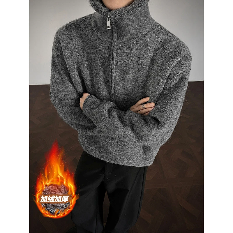 加绒加厚毛衣男冬季半拉链针织衫个性韩系慵懒毛衫高级感痞帅上衣