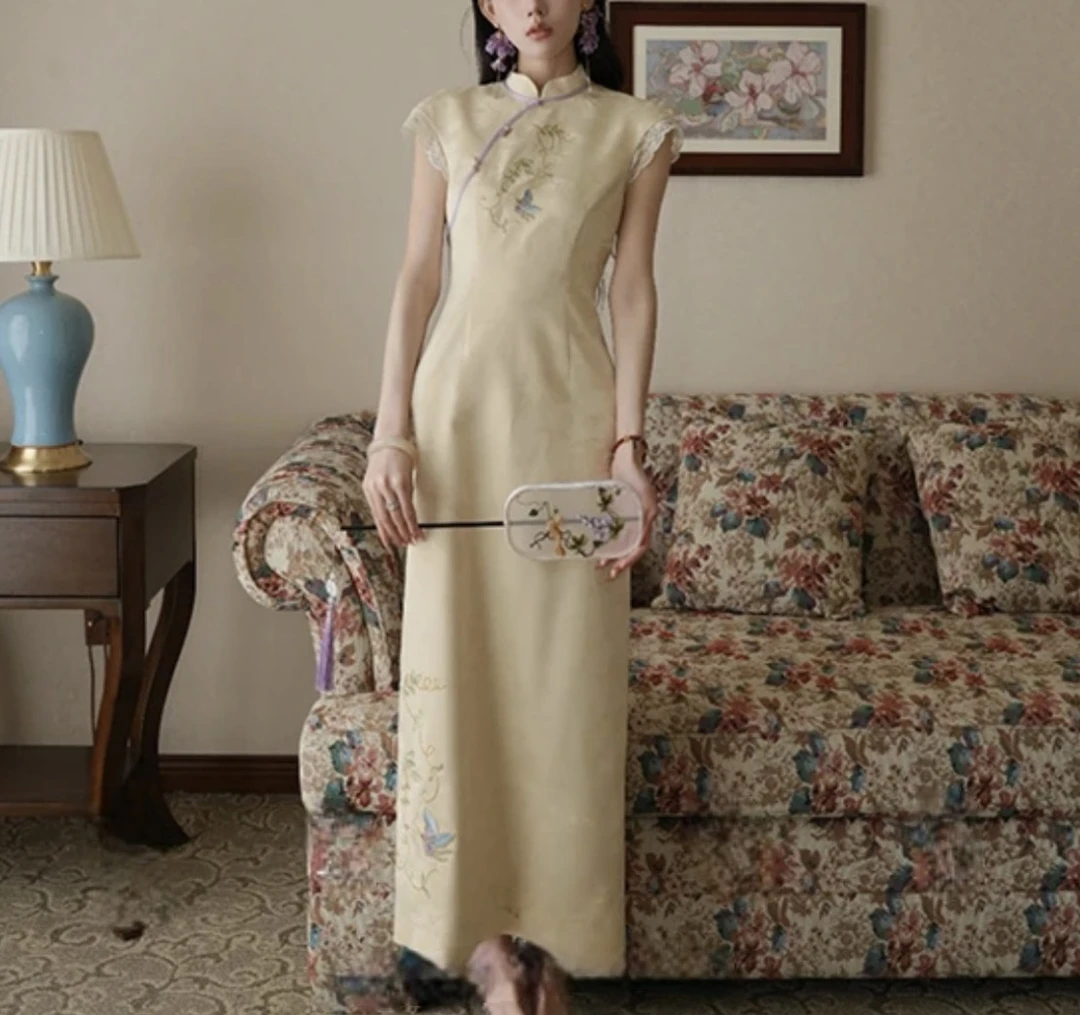 【郁金棠】重工刺绣提花蕾丝花边袖口旗袍连衣裙