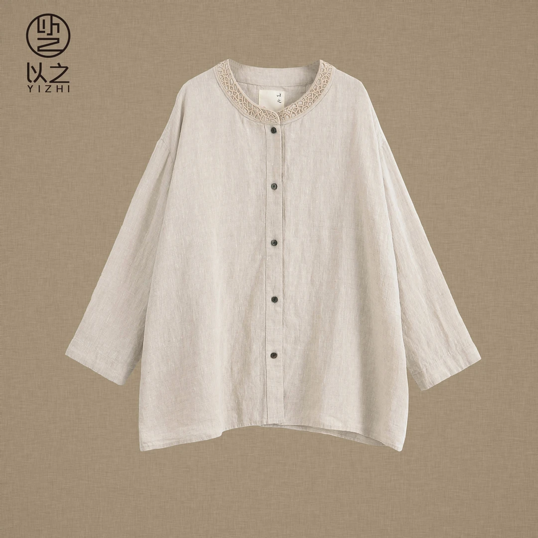 【以之】设计师品牌原创圆领大码上衣百搭复古亚麻排扣宽松小衫女