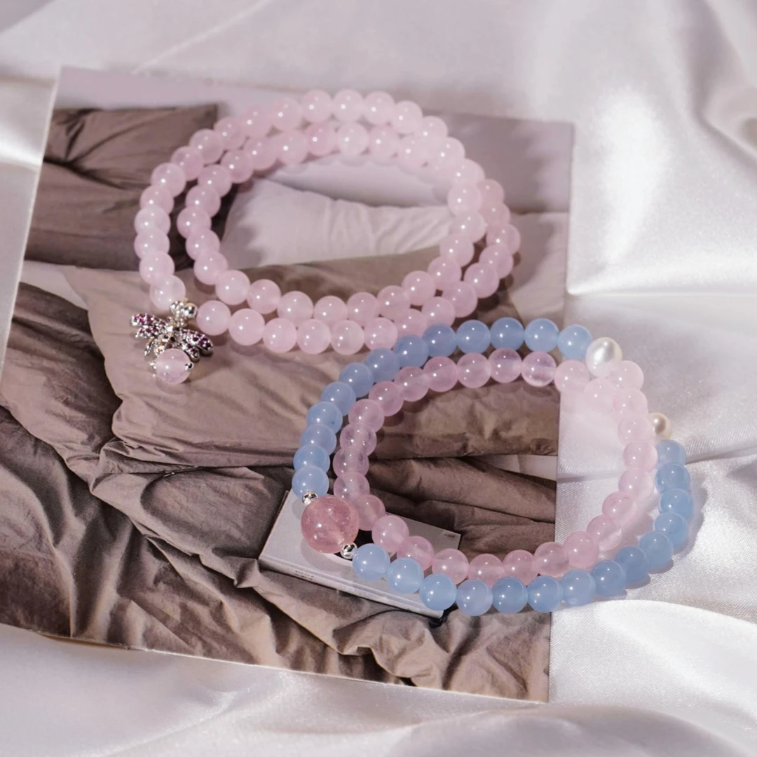 愈灵【天降姻缘】粉水海蓝宝草莓晶招正缘手串天然石手链