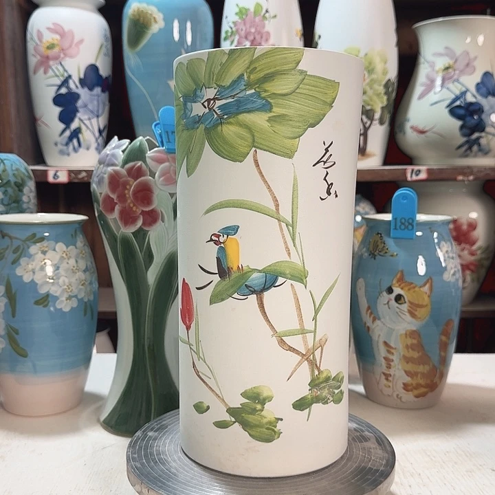 高33直筒荷花鸟新款陶瓷陶瓷陶瓷