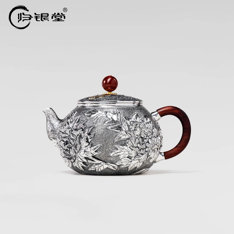 归银堂足银999立体浮雕蝴蝶牡丹泡茶壶纯手工茶壶送人礼盒装
