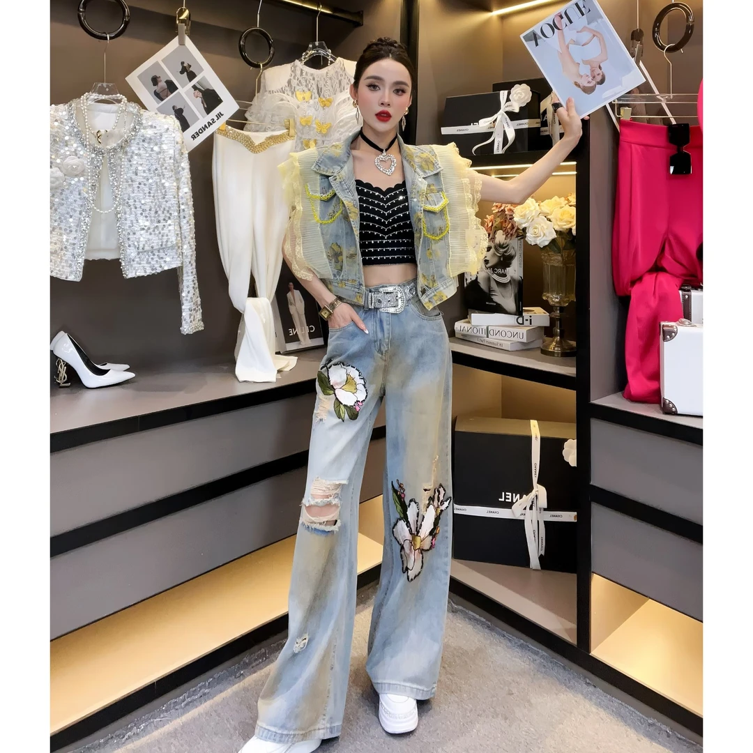 欧货女装-2025夏季轻奢气质重工蕾丝牛仔马甲时髦花卉亮片外套