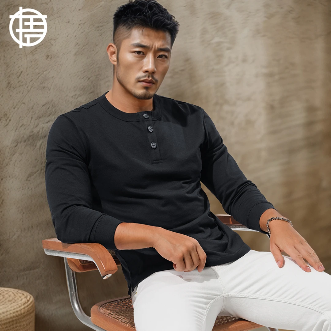 280G重磅亨利衫男长袖T恤外穿亨利领宽松纯棉纯色内搭打底衫秋季