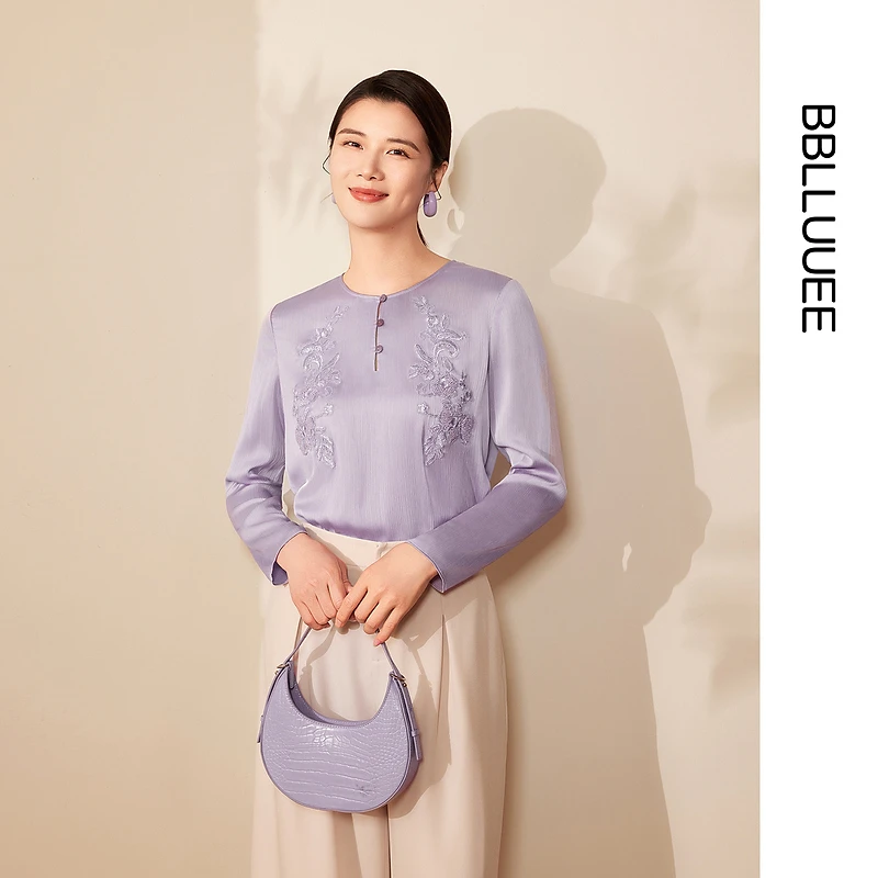 【晨粉专享价】【重工刺绣】粉蓝衣橱25秋冬新款气质缎面