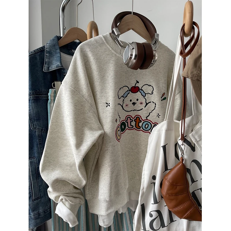 2025秋冬新款高级重工刺绣樱桃小狗宽松圆领卫衣女显瘦上衣服外套