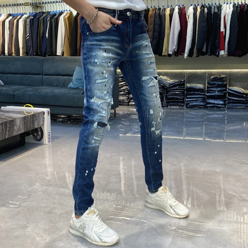 【也许家】新品四季款欧货破洞修身弹力小脚个性潮流九分裤EE5106