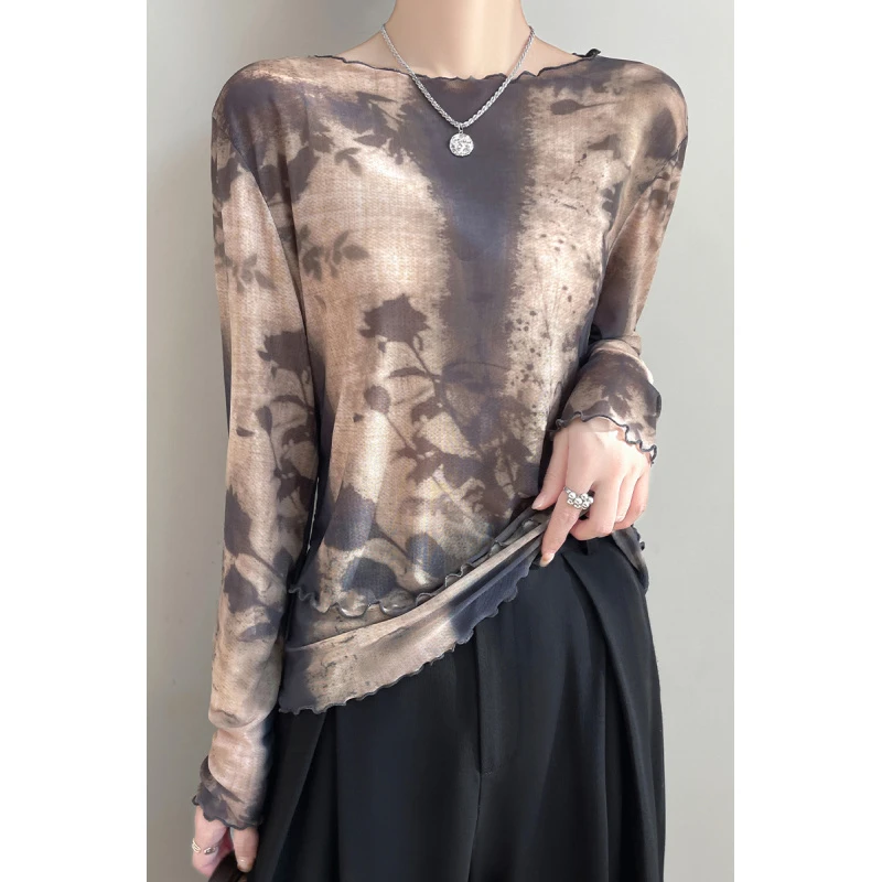 2025春季新款时髦渲染质感印花打底T恤衫女花边圆领宽松长袖内搭Y