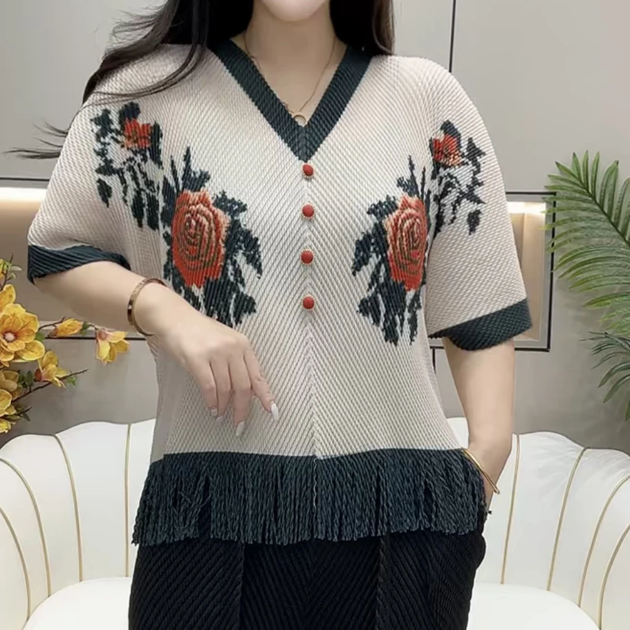 4-时尚洋气V领大花流苏龙鳞褶皱美衫