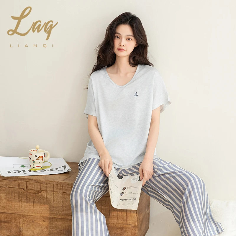 睡衣女夏季冰丝简约套头短袖长裤套装宽松薄款大码家居服外穿2562