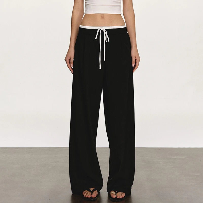 anna aneae黑色拼接休闲阔腿裤女夏季新款高腰宽松垂感拖地长裤潮