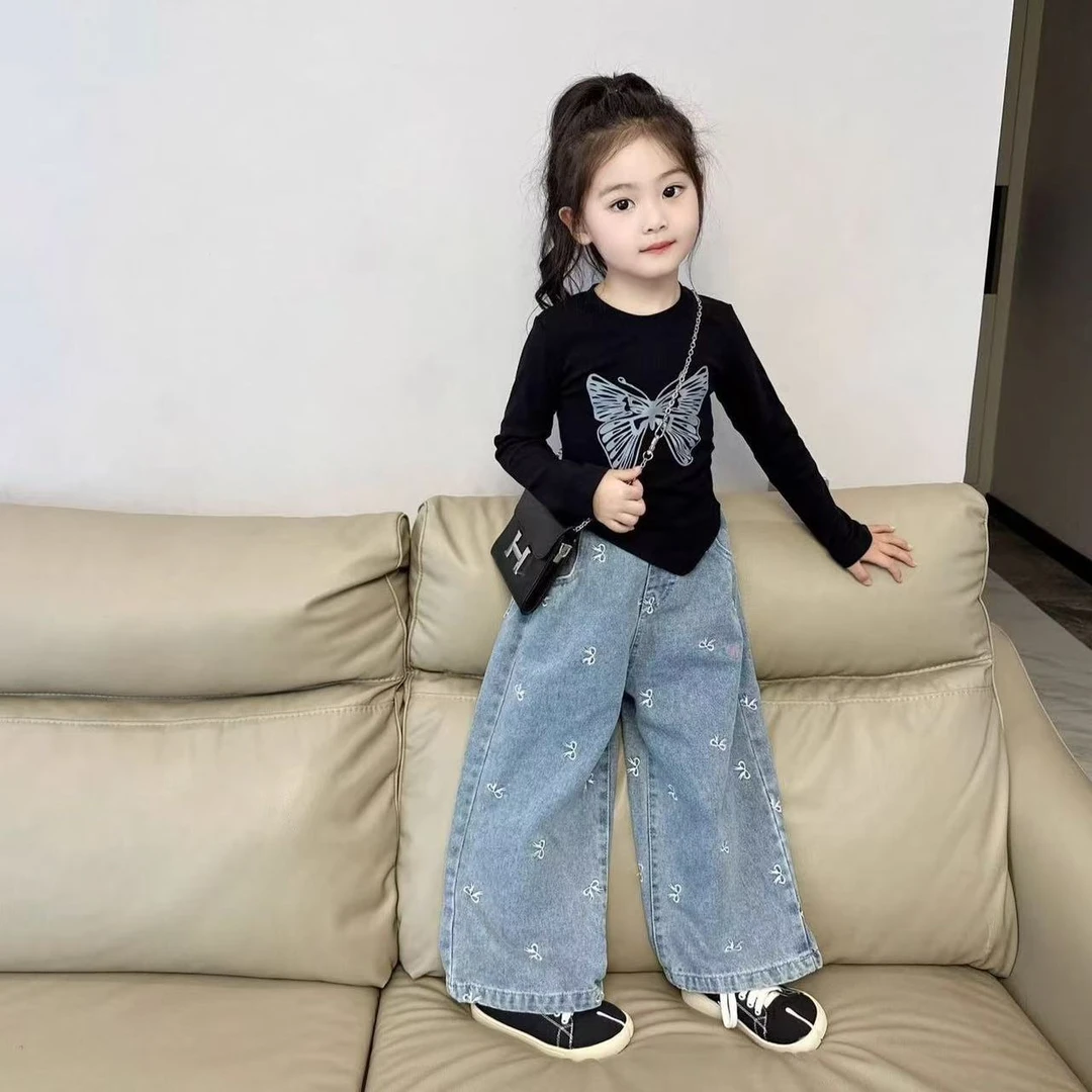 女童2025春季新款套装女宝蝴蝶结上衣印花蝴蝶结阔腿牛仔裤两件套