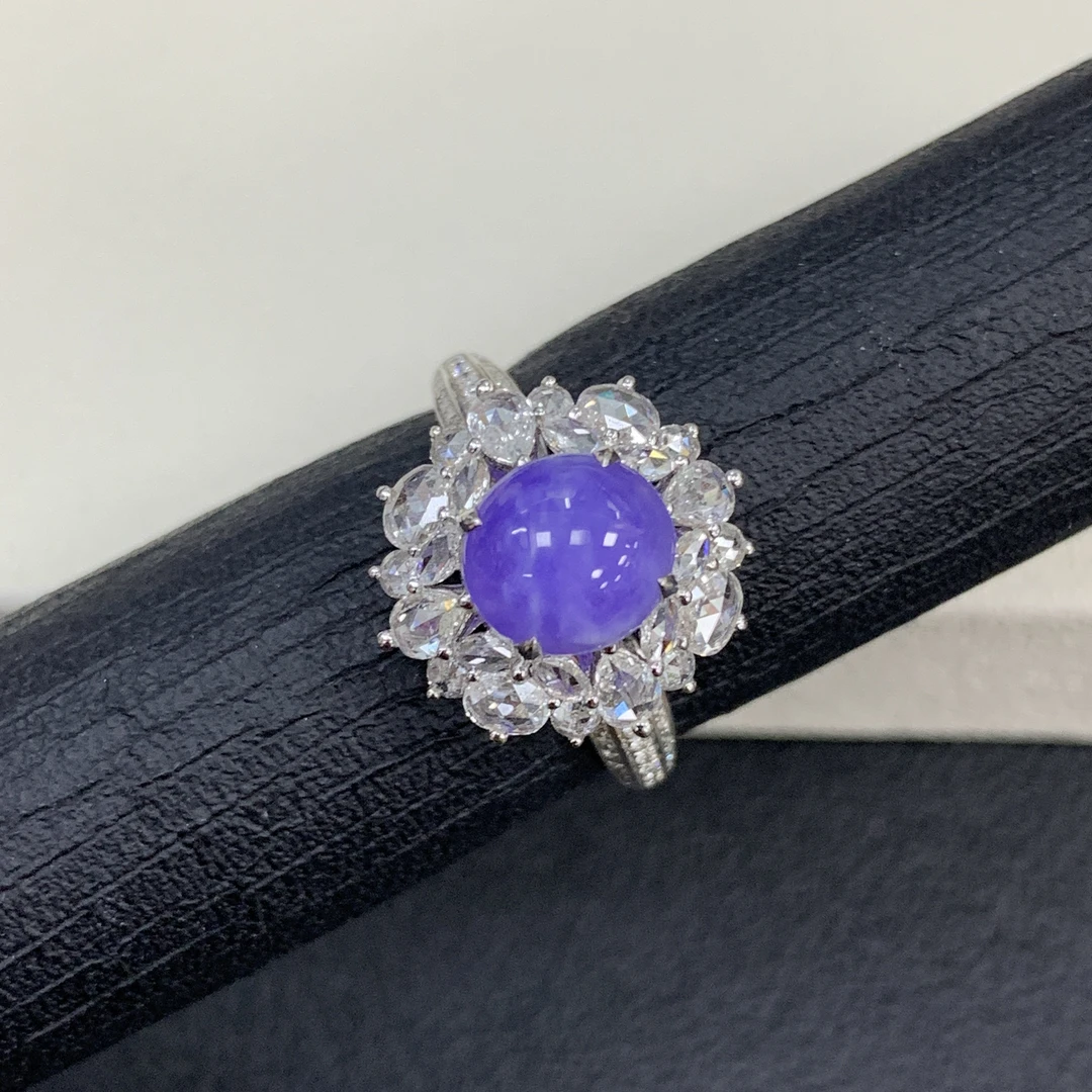 实拍冰种浓妖紫蛋面太阳花设计款翡翠玉石戒指18k豪镶满钻豪华