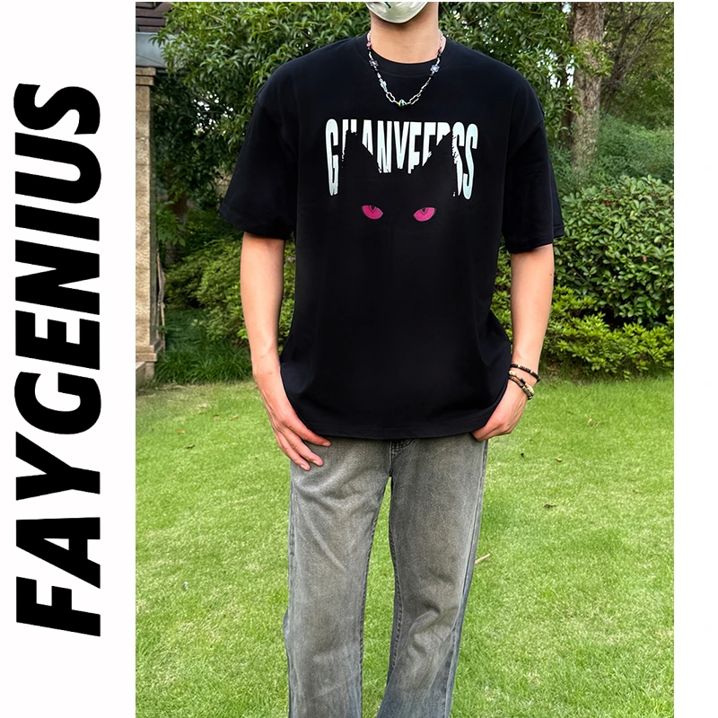 美式夏季新款恶魔猫咪T恤潮牌重磅圆领休闲短袖高克重复古宽松T恤