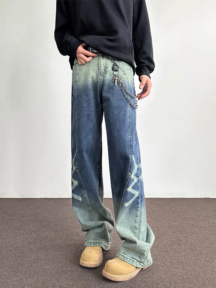 80149 美式高街渐变水洗铆钉牛仔裤男秋季宽松裤潮牌宽松直筒裤