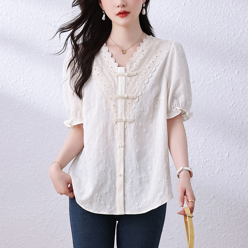 欧货复古短袖衬衣气质v领提花蕾丝衬衫2025夏季大码国风宽松上衣