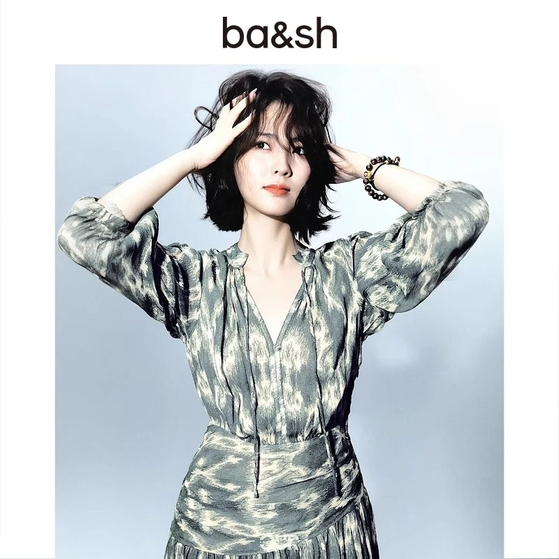 【商场同款新品】ba&sh2025春秋新款摩登印花V领收腰连衣裙1E25MINT