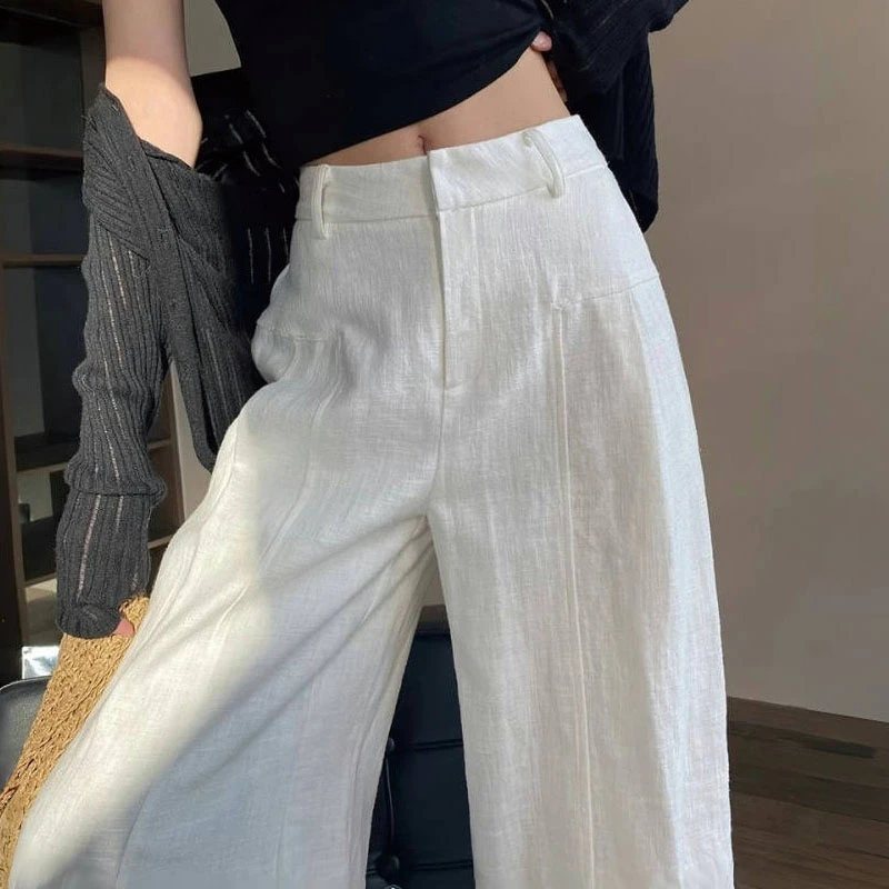 白色亚麻苎麻阔腿裤女夏季薄款高腰垂感老钱风西装直筒黑色西装裤