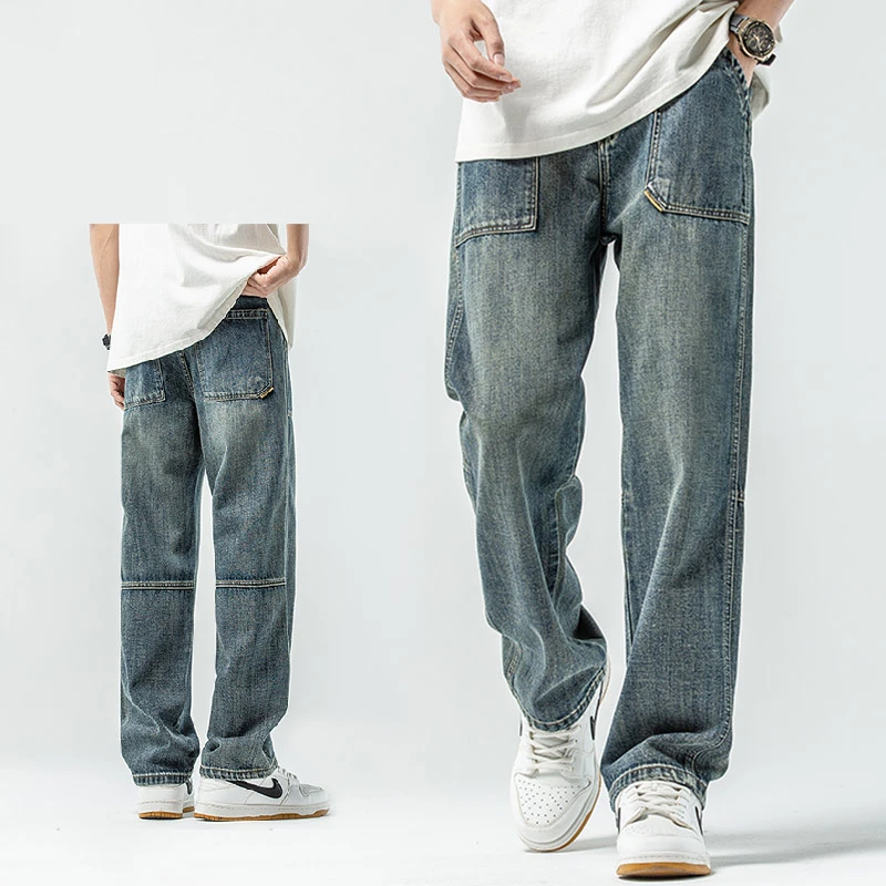 夏季薄款牛仔裤男生潮牌拼接多口袋工装裤子高街宽松直筒休闲长裤
