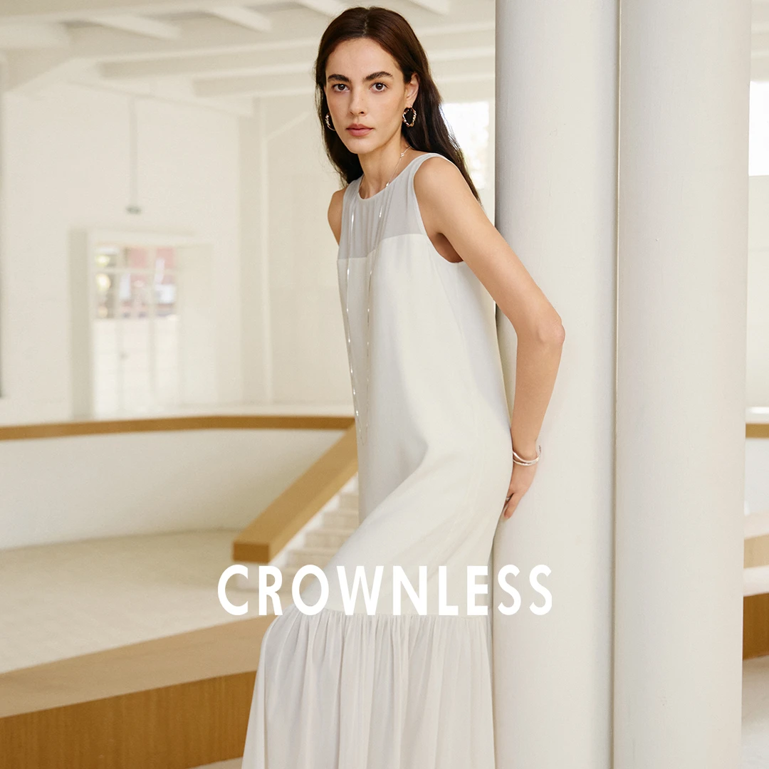 CROWNLESS未冕2025夏丝绸光泽醋涤乱麻拼接雪纺圆领纸片人裙