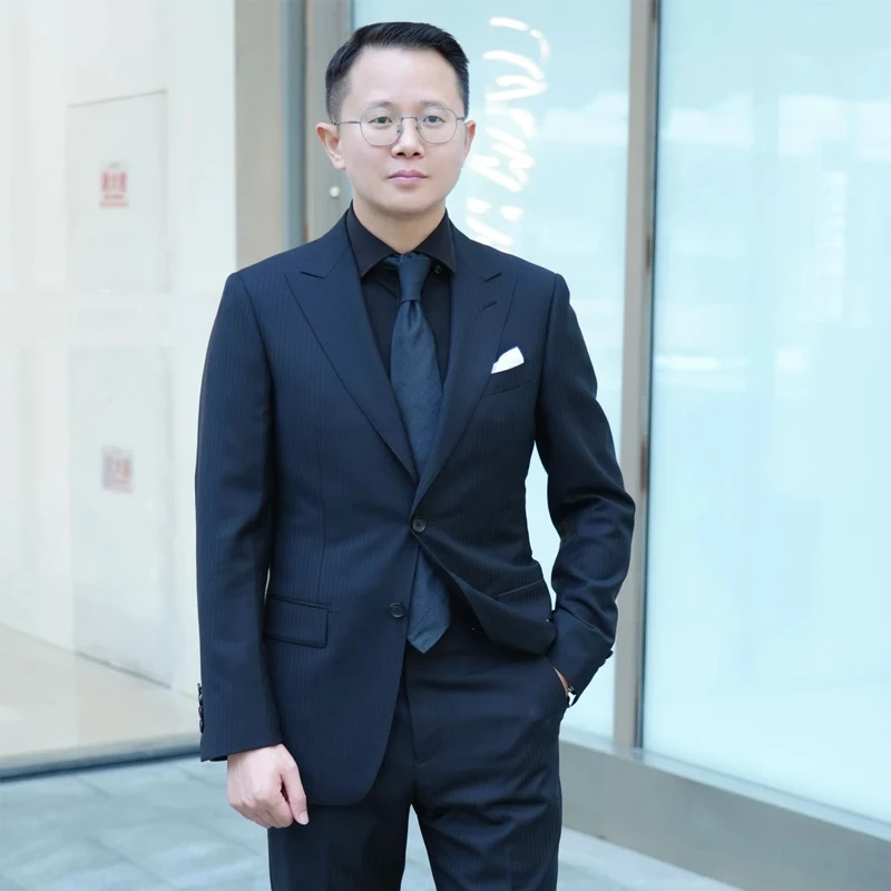 2025四季款黑色竖条纹羊毛西服时尚修身西服套装男士春秋休闲