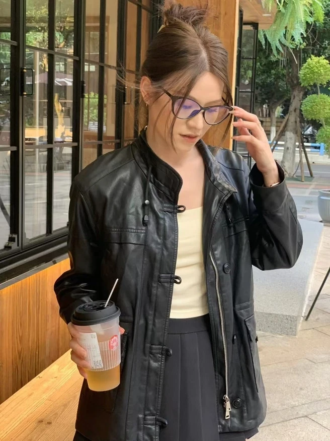 小美人鱼小个子定制高级设计感皮衣外套女款黑色复古机车PU皮夹克