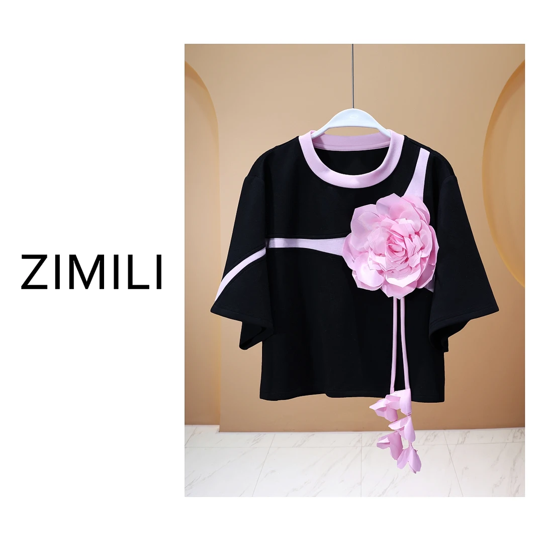 【亮哥女装】冰凉一夏暗夜黑撞樱花粉盘花圆领时尚休闲短款T恤7913