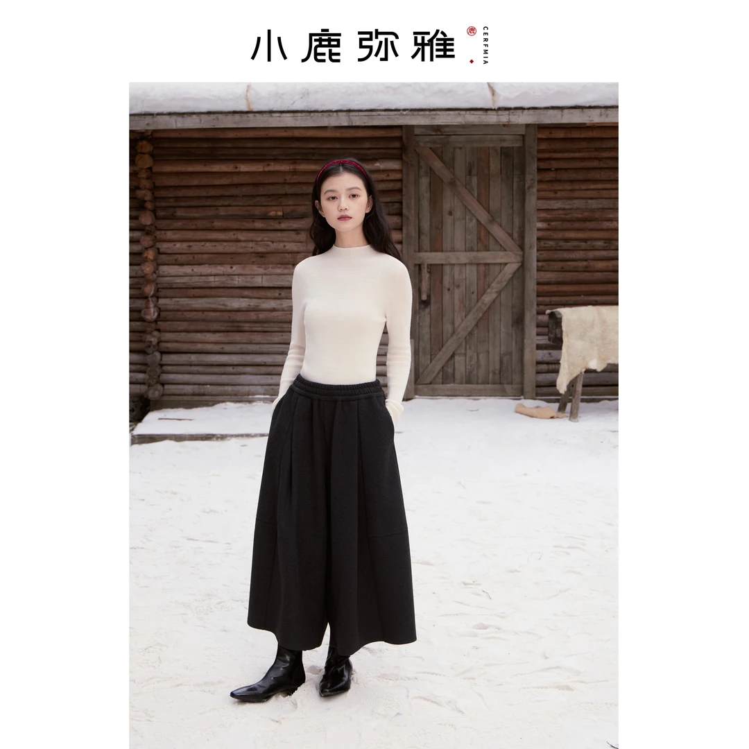 小鹿弥雅《观自在》系列时髦雅痞百搭毛呢九分阔腿裤秋冬