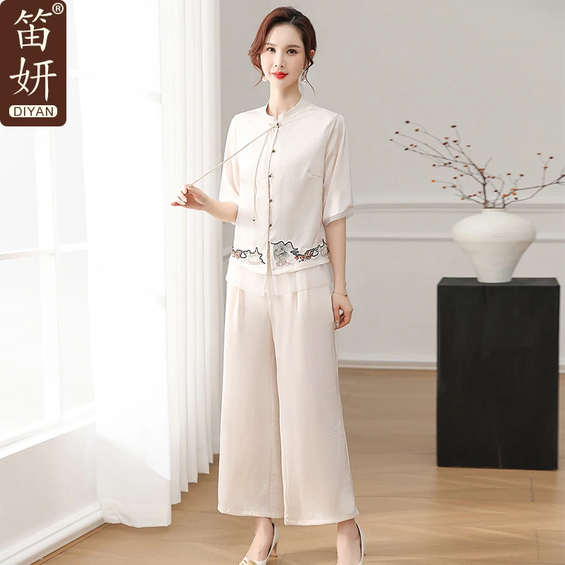 时尚中老年女装2025中长常规新款纯色洋气夏季薄款复古工装风套装