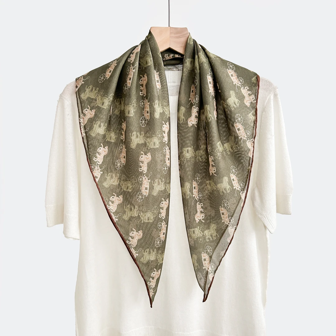 桑蚕丝单面西丽纱绿色小马车60方巾手工卷边洋气女士丝巾真丝B401