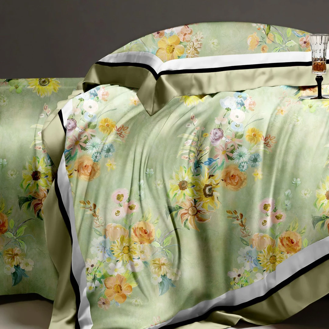 D2660 数码印花四季加厚棉麻三件套 寒香-绿240*250机洗吸汗轻奢