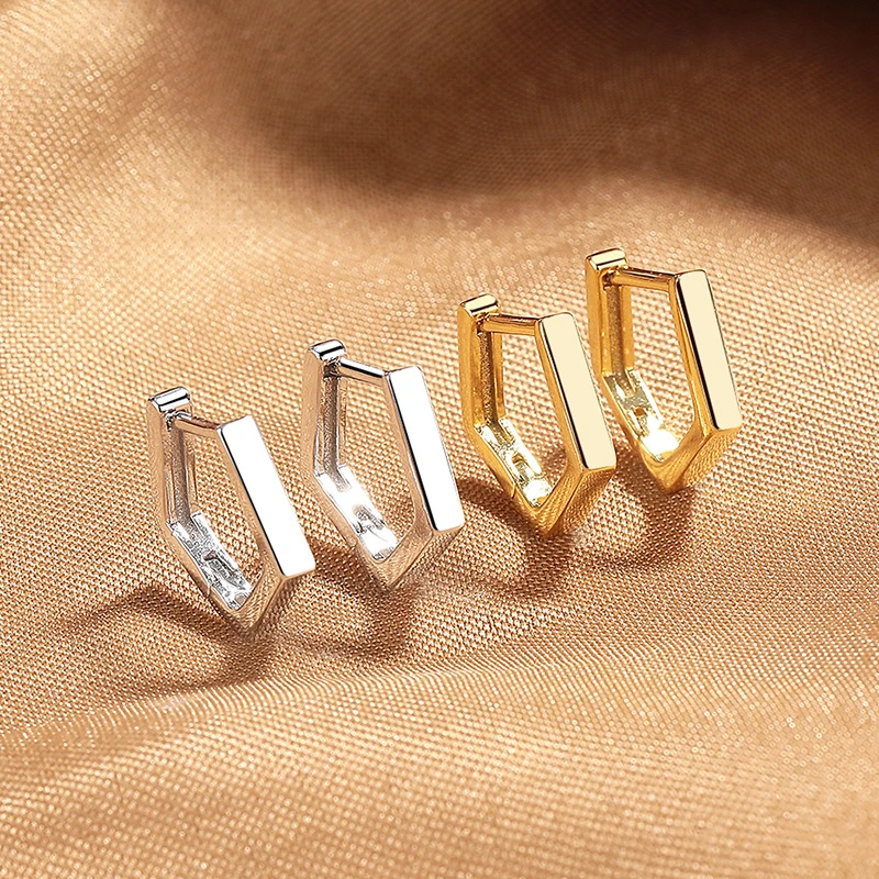 铜合金锆石耳饰 光面款简约几何五边形耳环小众气质耳扣个性素圈