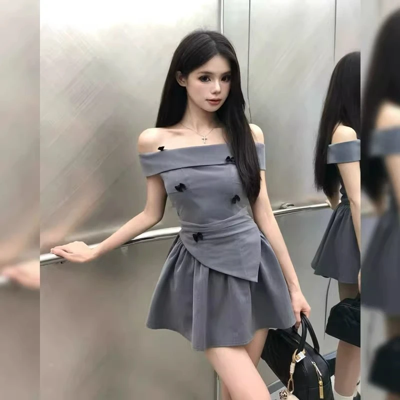 法式纯欲设计感蝴蝶结连衣裙套装一字肩不规则上衣收腰半身裙夏季