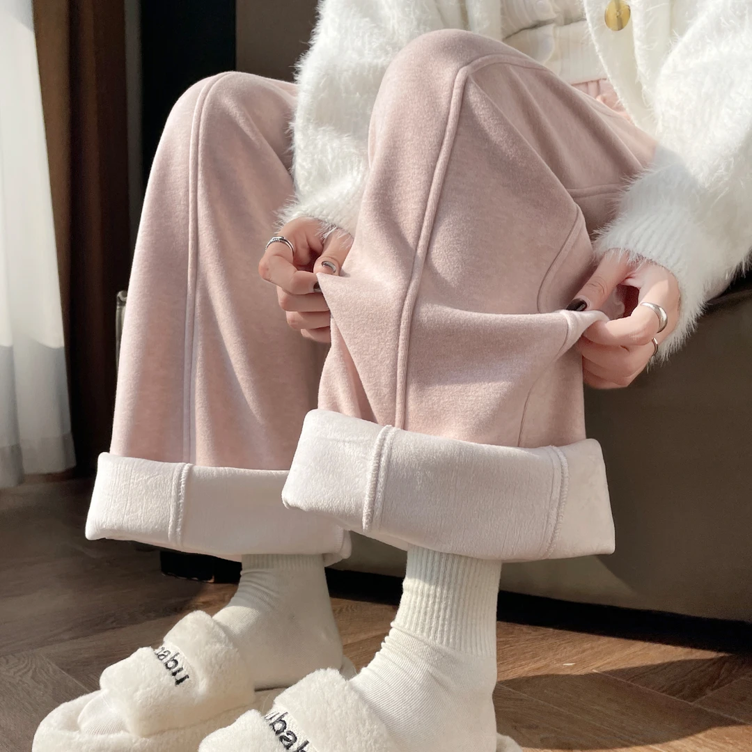 粉色窄版阔腿裤加绒加厚毛呢裤女秋冬2025新款高腰显瘦垂感弯刀裤